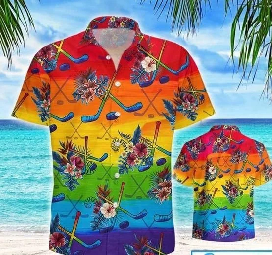 Affordable graphic tees with gender-neutral designs--LGBT Pride Month Hawaiian Hockey, Rainbow Hockey Tropical Design Hawaiian Shirt For Gay Affordable graphic tees with gender-neutral designs--LGBT Pride Month Hawaiian Hockey, Rainbow Hockey Tropical Design Hawaiian Shirt For Gay