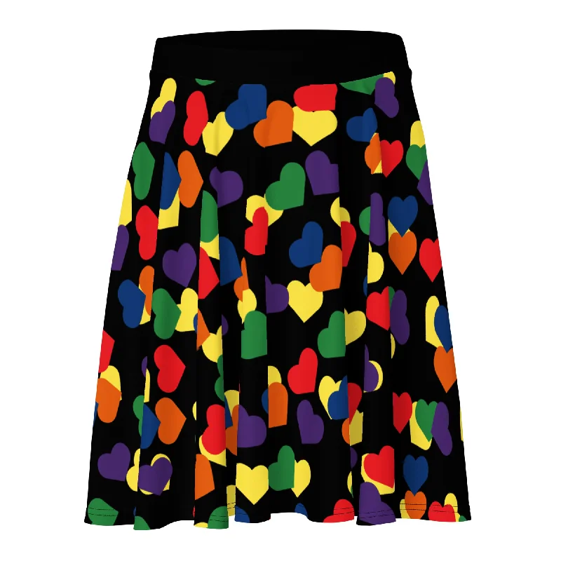 LGBTQ Pride Skater Skirt - Black with Rainbow Hearts