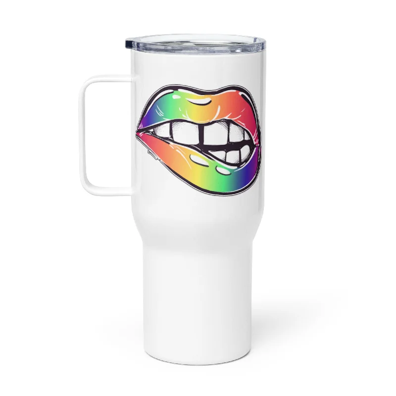 LGBTQ Pride Stainless Steel Travel Mug with Handle - Rainbow Lips