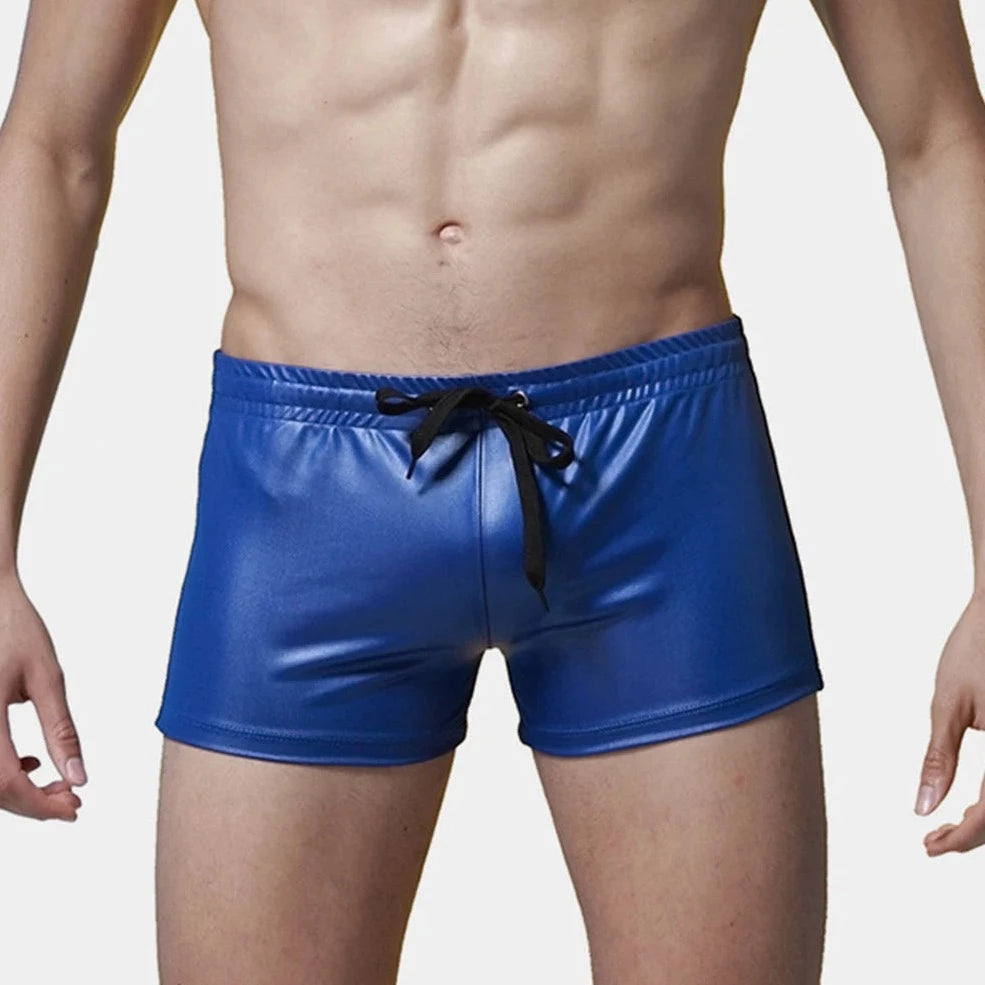 Solid Color Faux Leather Swim Trunks