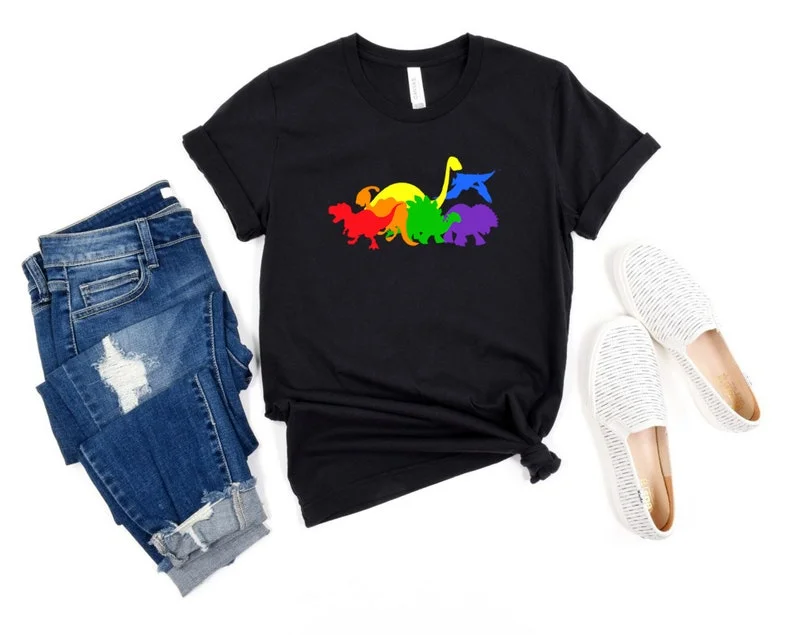Affordable graphic tees with inclusive pronoun designs--Rainbow Shirt, Shirt For Lesbian, Dinosaur The Colors Of The Rainbow LGBT Pride T-Shirt Affordable graphic tees with inclusive pronoun designs--Rainbow Shirt, Shirt For Lesbian, Dinosaur The Colors Of The Rainbow LGBT Pride T-Shirt