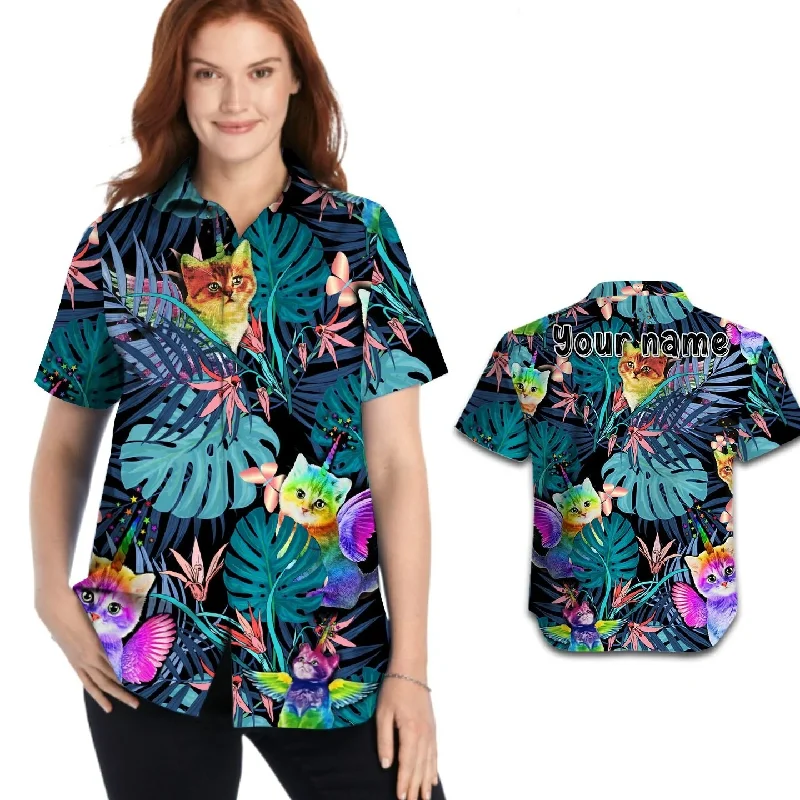Soft breathable graphic tees for outdoor pride festivals--Custom Name Women Hawaiian Shirt For Lgbt Community, Cute Cat Lgbt Flag Soft breathable graphic tees for outdoor pride festivals--Custom Name Women Hawaiian Shirt For Lgbt Community, Cute Cat Lgbt Flag