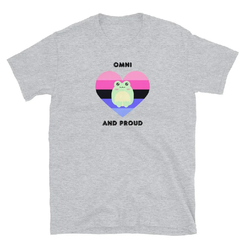 Graphic pride t-shirts with bold queer empowerment quotes--Omni and Proud Shirt