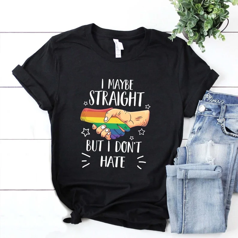 Graphic pride t-shirts with rainbow peace symbols--Bisexual Present, I Maybe Straight But I Don't Hate, Equality Gifts, LGBT Pride Clothes Graphic pride t-shirts with rainbow peace symbols--Bisexual Present, I Maybe Straight But I Don't Hate, Equality Gifts, LGBT Pride Clothes