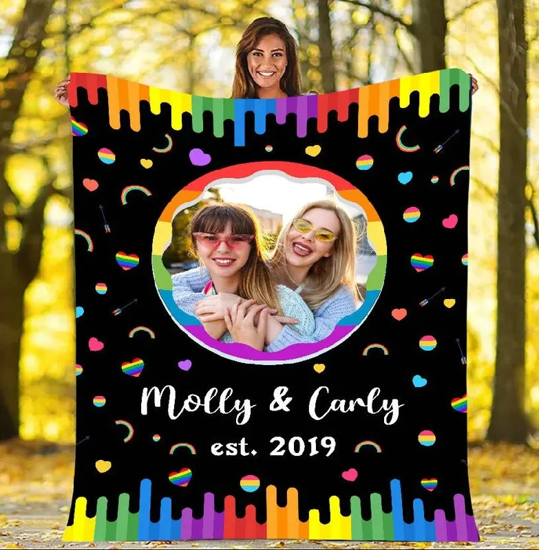 Personalized LGBT Couple Blanket For Lesbian Gay Rainbow Color Design Custom Photo Name And Year For Valentines Day Personalized LGBT Couple Blanket For Lesbian Gay Rainbow Color Design Custom Photo Name And Year For Valentines Day
