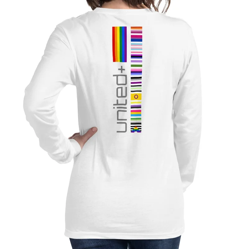 Soft cotton graphic tees for sensitive skin--United Pride Vertical Back Center Graphic LGBTQ+ Unisex Long Sleeve T-Shirt Soft cotton graphic tees for sensitive skin--United Pride Vertical Back Center Graphic LGBTQ+ Unisex Long Sleeve T-Shirt