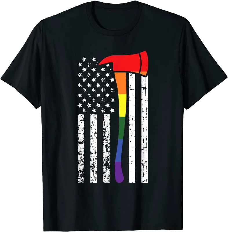 Firefighter Gay Shirt, American Flag LGBT-Q Gay Pride Flag Fireman Ally T Shirt