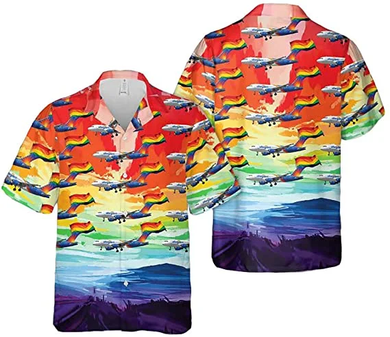 Affordable graphic tees for queer community fundraisers--Airlines Fly With Pride Pattern Hawaiian Shirt, Hawaiian Pocket Shirt Unisex Full Print For Lgbtq Affordable graphic tees for queer community fundraisers--Airlines Fly With Pride Pattern Hawaiian Shirt, Hawaiian Pocket Shirt Unisex Full Print For Lgbtq