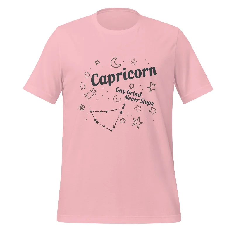 Graphic pride t-shirts with rainbow peace and love designs--Capricorn Gay Grind Never Stops Unisex T-Shirt Graphic pride t-shirts with rainbow peace and love designs--Capricorn Gay Grind Never Stops Unisex T-Shirt