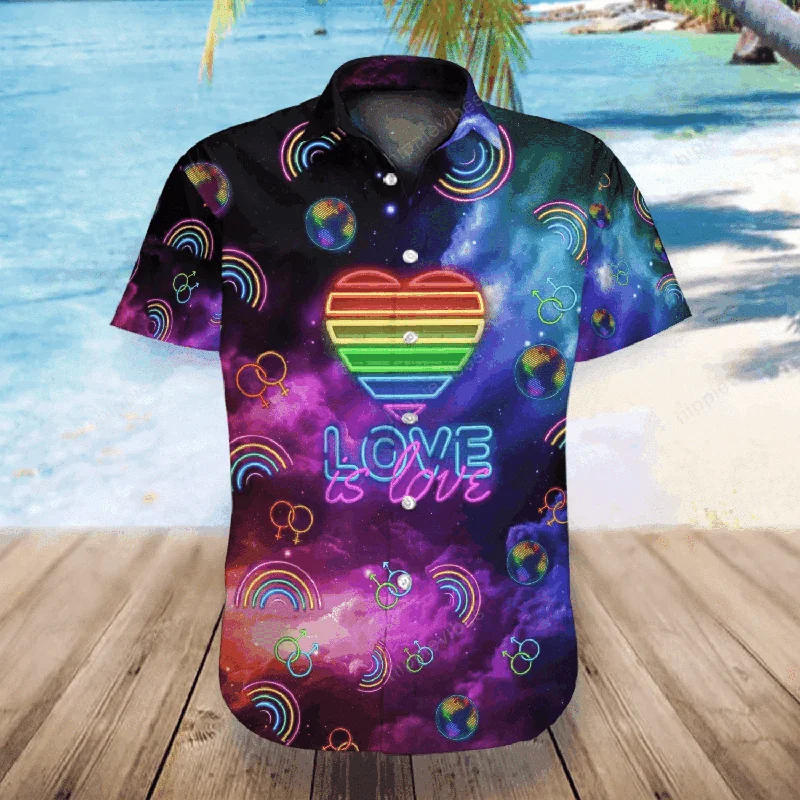 Lightweight graphic tees for pride parades and marches--Lgbt Galaxy Love Is Love Neon Style Hawaiian Shirt Lightweight graphic tees for pride parades and marches--Lgbt Galaxy Love Is Love Neon Style Hawaiian Shirt