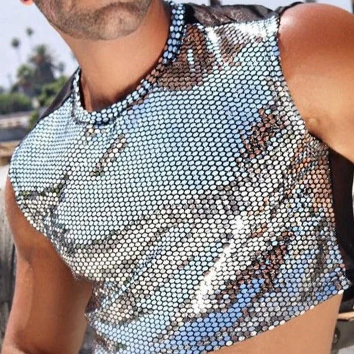 Men's Silver Sequin Crop Top