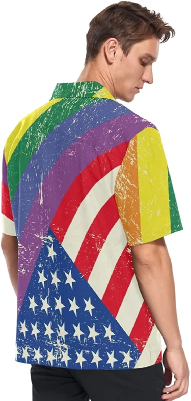 Lgbt Rainbow Men's Hawaiian Shirt American Flag Background, Short Sleeves Button Down Aloha Shirts Beach For Ally Lgbt Rainbow Men's Hawaiian Shirt American Flag Background, Short Sleeves Button Down Aloha Shirts Beach For Ally