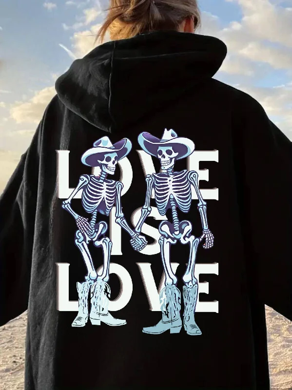 Hoodies with pronoun patches and rainbow colors--Love Is Love Skeleton Unisex Hoodie