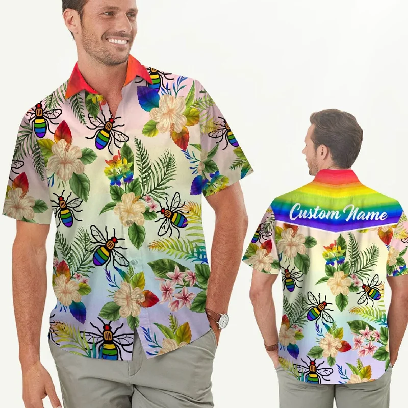 Graphic pride t-shirts with rainbow peace symbols--Custom Name Men Hawaiian Shirt For Lgbt Community, Rainbow Bee Hibiscus Flower