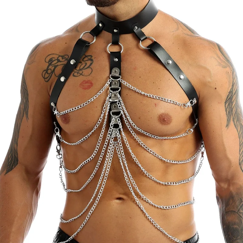 Mens Leather and Metal Chain Harness