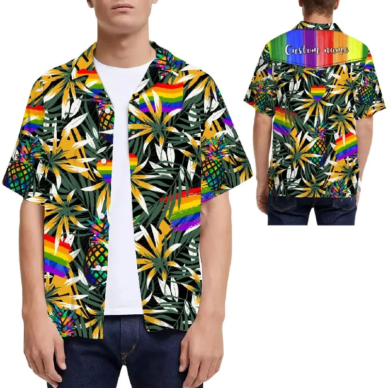 Graphic pride t-shirts with rainbow stars and stripes--Rainbow Pineapples Tropical Leaves Custom Name Men Hawaiian Shirt For Lgbt Community Graphic pride t-shirts with rainbow stars and stripes--Rainbow Pineapples Tropical Leaves Custom Name Men Hawaiian Shirt For Lgbt Community