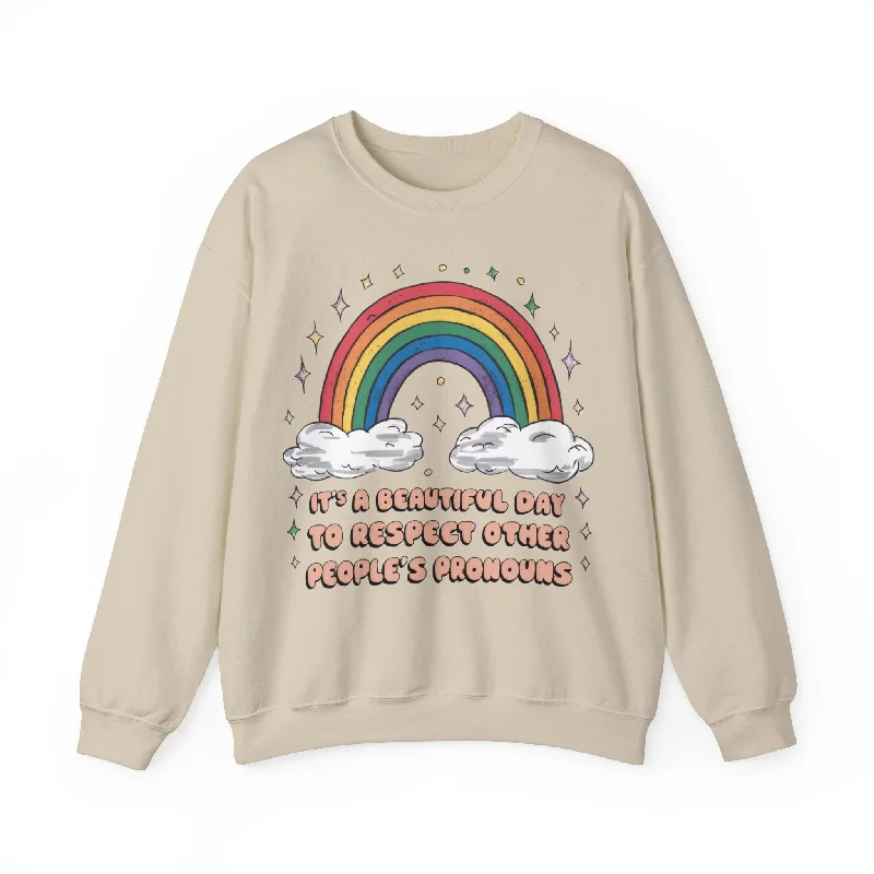 Graphic pride tees with neon pride flag colors--Respect Pronouns Gay Pride Crewneck Sweatshirt Graphic pride tees with neon pride flag colors--Respect Pronouns Gay Pride Crewneck Sweatshirt