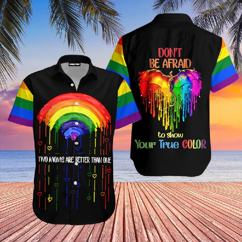 Graphic pride t-shirts with subtle queer pride accents--Hawaiian Pride Shirt, Two Moms Are Better Than One, Gift For Lesbian Mom, Rainbow Hawaiian Shirt Graphic pride t-shirts with subtle queer pride accents--Hawaiian Pride Shirt, Two Moms Are Better Than One, Gift For Lesbian Mom, Rainbow Hawaiian Shirt