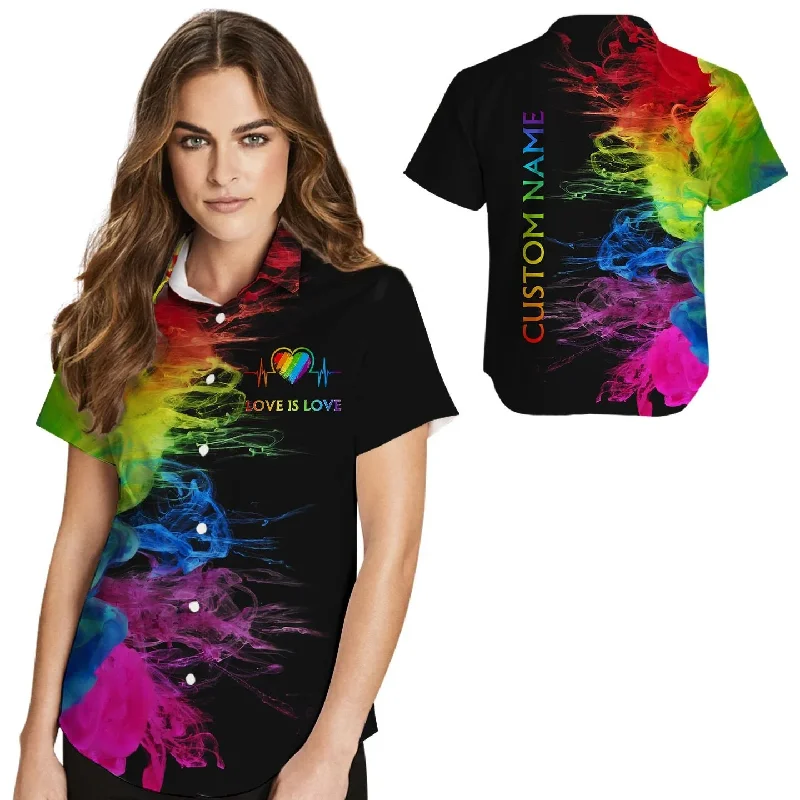Affordable graphic tees for LGBTQ+ ally gifts--Custom Name Women Hawaiian Shirt For Lesbian, Love Is Love Rainbow Heartbeats, Pride Month LGBT