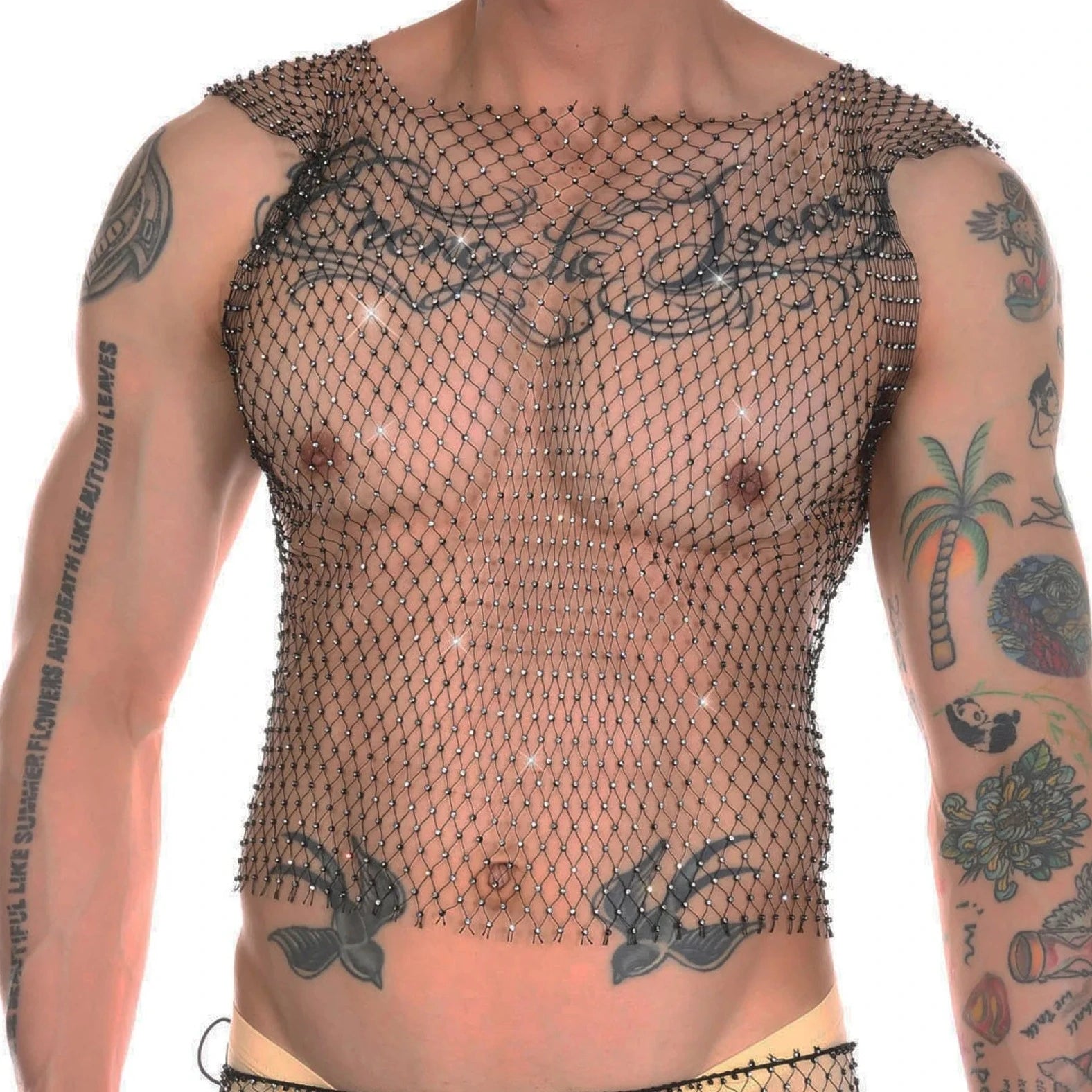 Mens Rhinestone Shiny Mesh Tank Top