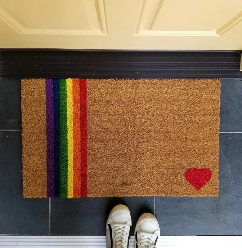 Rainbow Striped Pride Doormat With Heart, Pride Welcome Mat, Rainbow And Heart Outdoor Mat Rainbow Striped Pride Doormat With Heart, Pride Welcome Mat, Rainbow And Heart Outdoor Mat