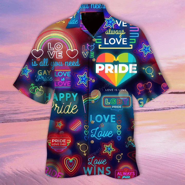 Graphic pride t-shirts with vintage rainbow typography--Love Has No Gender Tropical Background Design Hawaiian Shirt Graphic pride t-shirts with vintage rainbow typography--Love Has No Gender Tropical Background Design Hawaiian Shirt