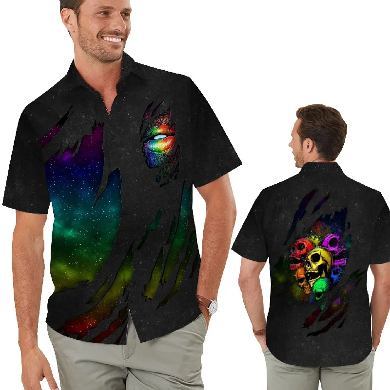 Comfortable graphic tees for pride marches and rallies--Lgbt Skulls Torn Fabric Men Hawaiian Shirt For Pride Month Comfortable graphic tees for pride marches and rallies--Lgbt Skulls Torn Fabric Men Hawaiian Shirt For Pride Month