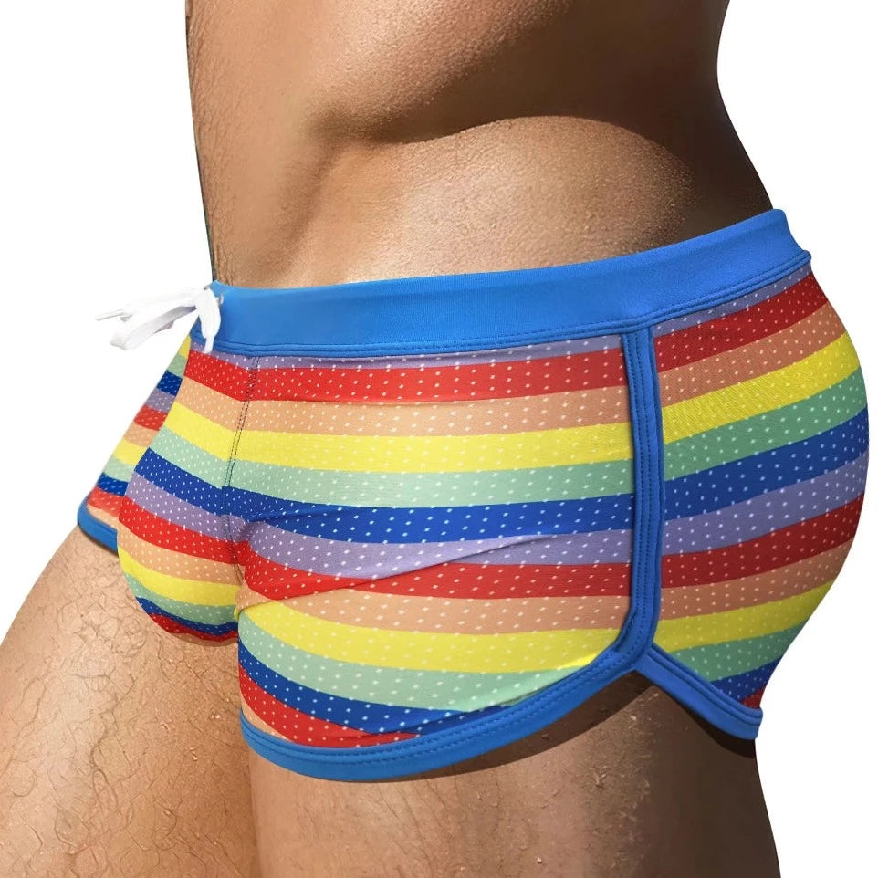 Rainbow Striped Mesh Square Cut Swim Trunks