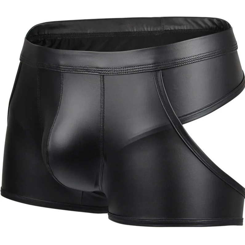 Men’s Open-Side & Open-Back PU Leather Cutout Boxer