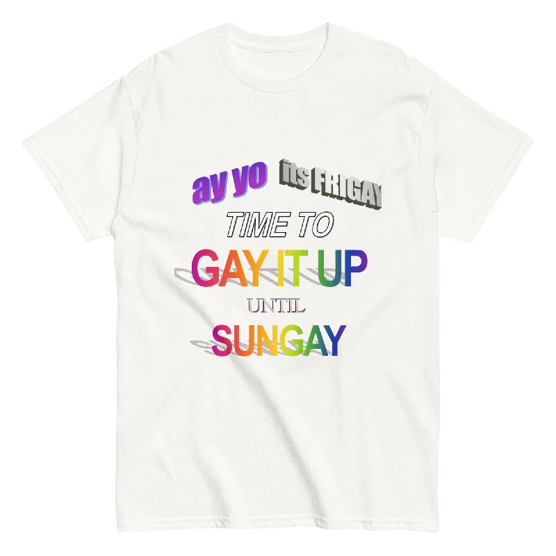 Graphic pride t-shirts with retro pride parade themes--Frigay Gay It Up Unisex Classic Tee Graphic pride t-shirts with retro pride parade themes--Frigay Gay It Up Unisex Classic Tee