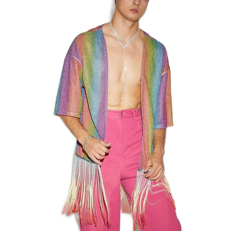 Graphic pride t-shirts with rainbow stars and stripes--Pride Queen Rainbow Tassel Cardigan