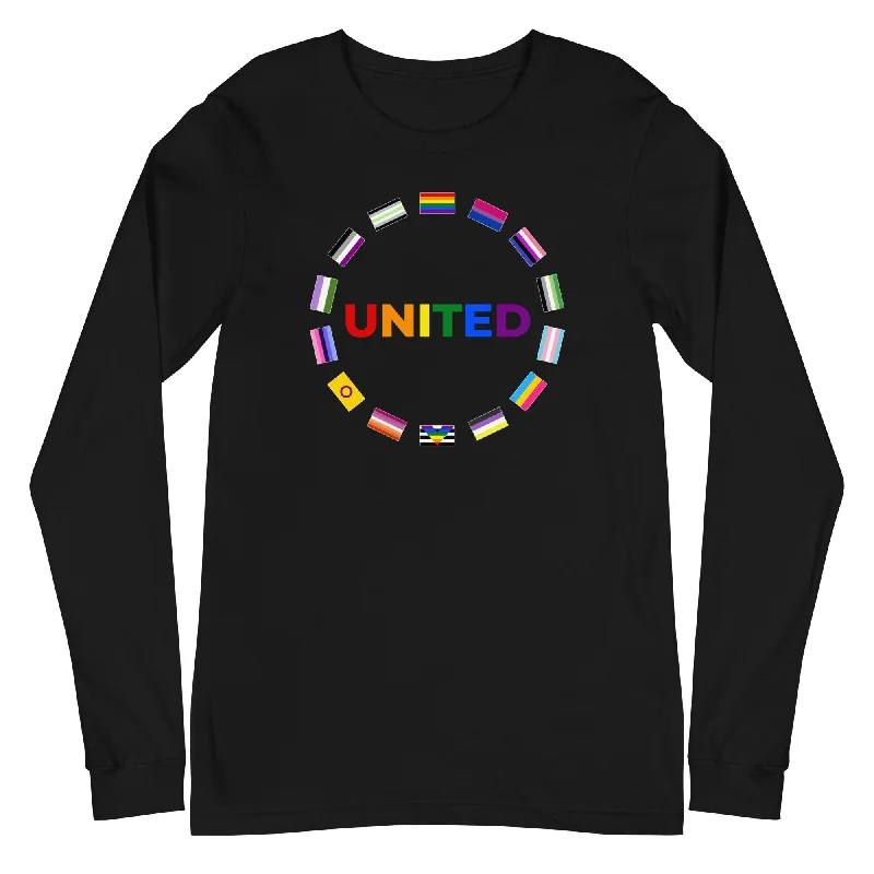 Affordable graphic tees with gender-neutral designs--United Pride Graphic Circle Front LGBTQ+ Unisex Long Sleeve Tee Affordable graphic tees with gender-neutral designs--United Pride Graphic Circle Front LGBTQ+ Unisex Long Sleeve Tee