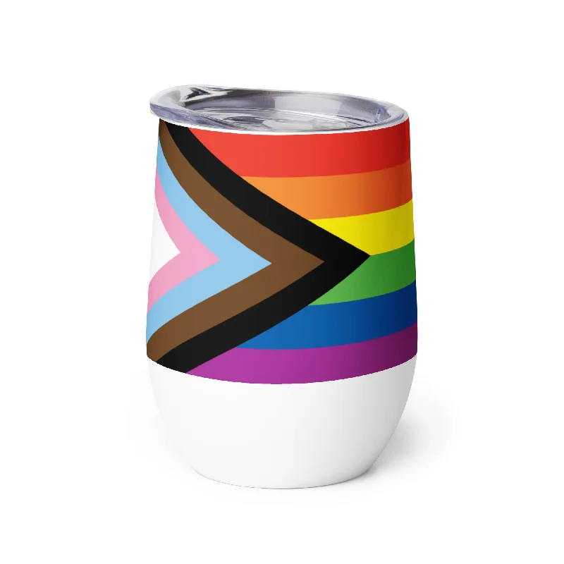LGBTQ Pride Stainless Steel Wine Tumbler 12oz - Progress Pride Flag Daniel Quasar
