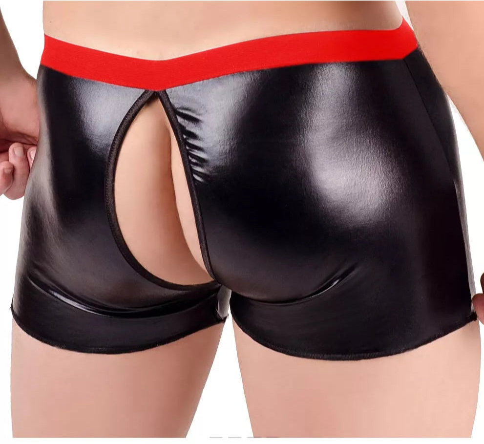 Zipped Backdoor and Hooked Front PU Leather Wetlook Fetish Boxers