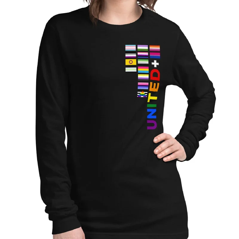 Graphic pride tees with eco-friendly inks and fabrics--United Pride Vertical Front Graphic LGBTQ+ Unisex Long Sleeve T-Shirt Graphic pride tees with eco-friendly inks and fabrics--United Pride Vertical Front Graphic LGBTQ+ Unisex Long Sleeve T-Shirt
