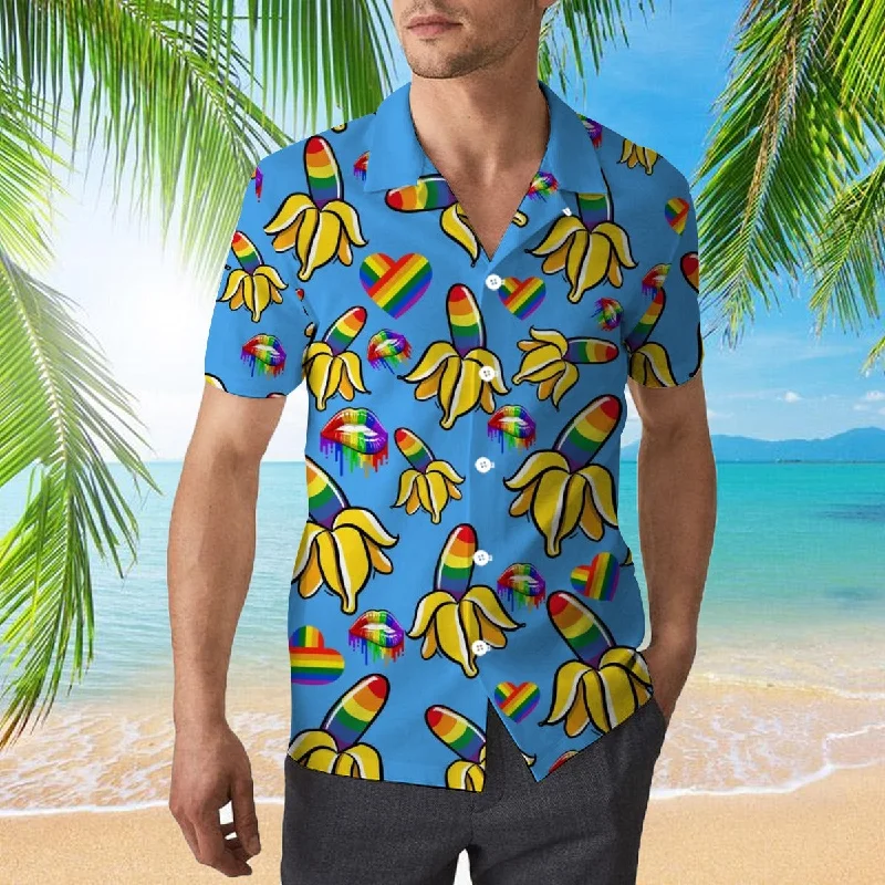 Graphic pride t-shirts with subtle queer pride accents--LGBT Pride Hawaiian Full Print Shirts For Couple Gay Men, Couple Lesbian Gifts, Banana Lgbtq Hawaiian Shirt Graphic pride t-shirts with subtle queer pride accents--LGBT Pride Hawaiian Full Print Shirts For Couple Gay Men, Couple Lesbian Gifts, Banana Lgbtq Hawaiian Shirt