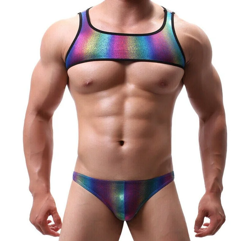 Mens Rainbow Harness-Crop Top + Briefs (2 Piece Outfit)