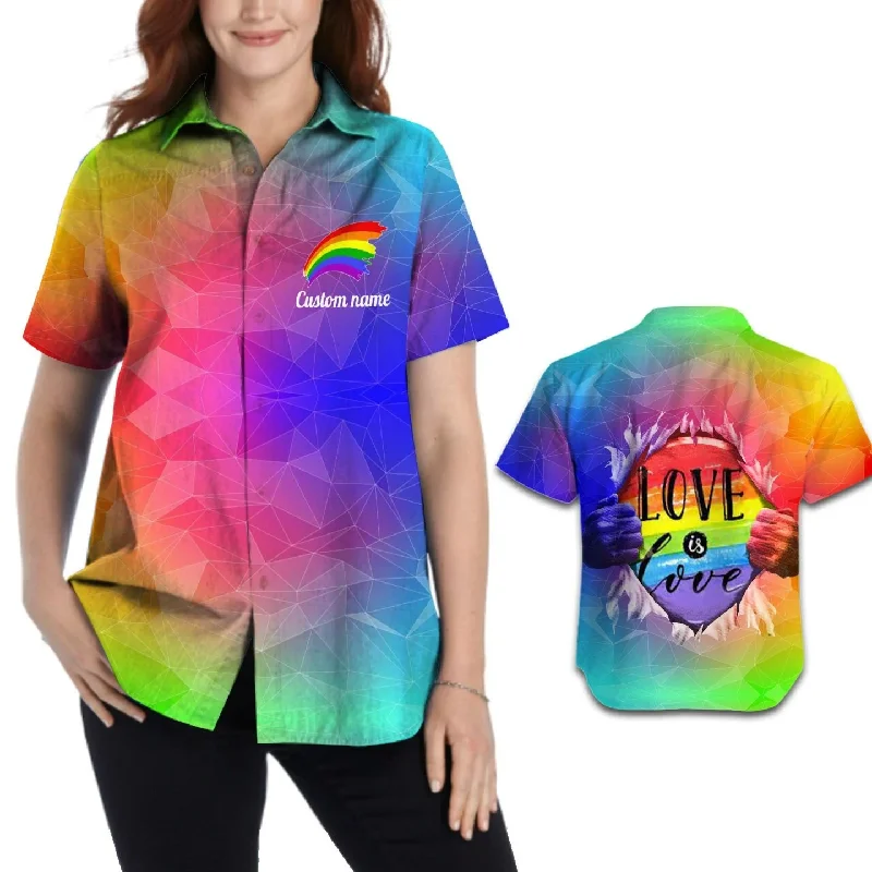 Graphic pride t-shirts with vintage rainbow typography--Personalized With Name Women Hawaiian Aloha Shirt, Lgbtq In Pride Month, Love Is Love Rainbow Graphic pride t-shirts with vintage rainbow typography--Personalized With Name Women Hawaiian Aloha Shirt, Lgbtq In Pride Month, Love Is Love Rainbow