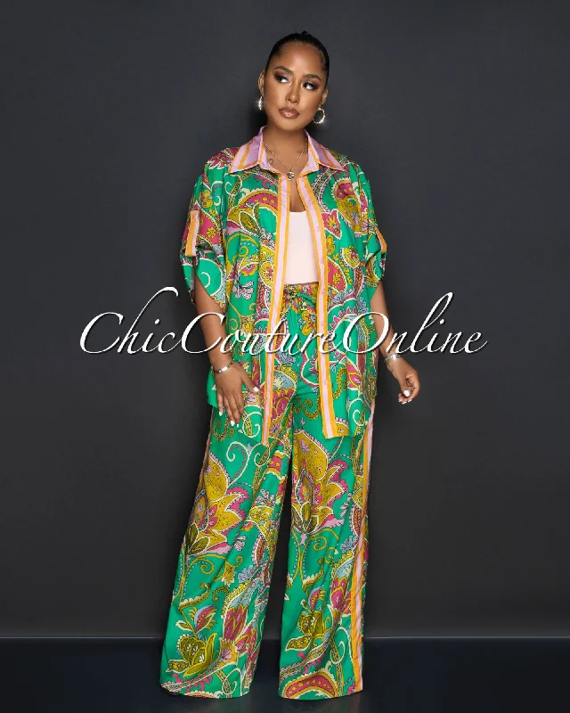 Alecia Green Print Shirt & Wide Pants Silky Set