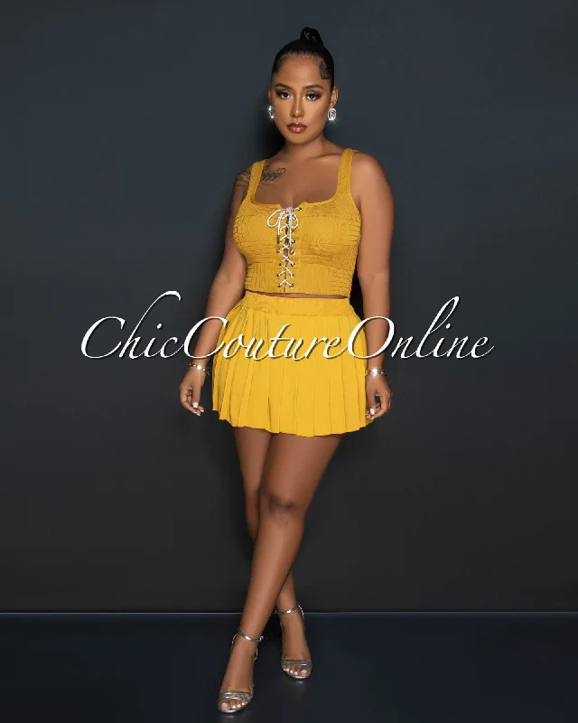 Barney Mustard Rhinestones Lace-Up Top & Mini Pleated Skirt Set