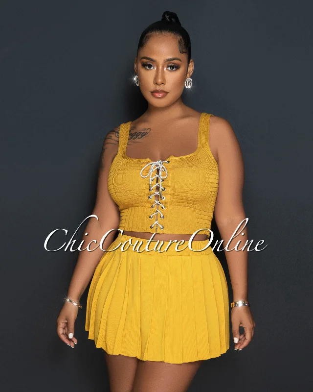 barney-mustard-rhinestones-lace-up-top-mini-pleated-skirt-set