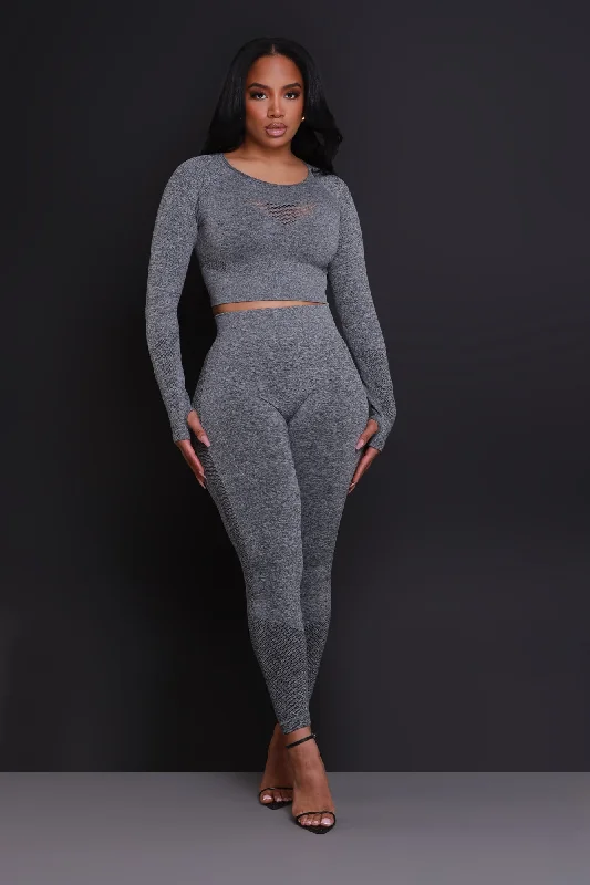 Clock It Laser Cut Cropped Legging Set - Charcoal Grey