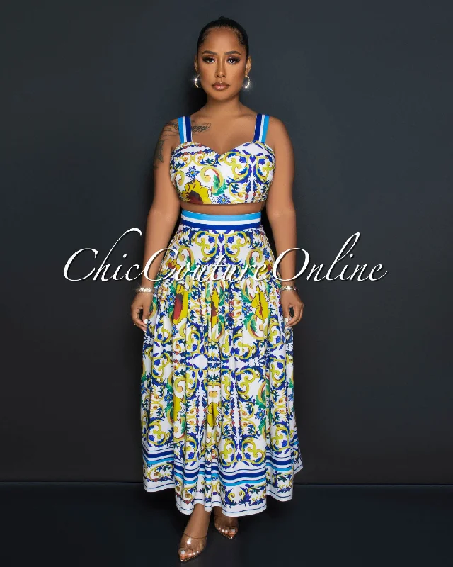 Crisanto White Multi-Color Print Crop Top & Maxi Skirt Set