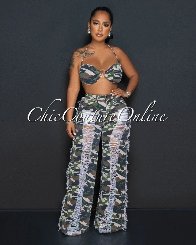 Deslyn Camo Denim Bra Top & Distressed Mom Jeans Set