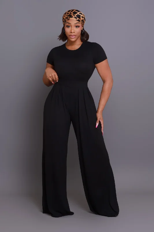 Full Attention Short Sleeve Palazzo Pants Set - Black