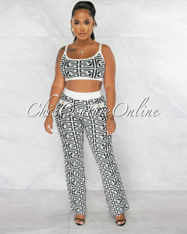 Hally White Black Fret Print Crop Top & Pants Knit Set