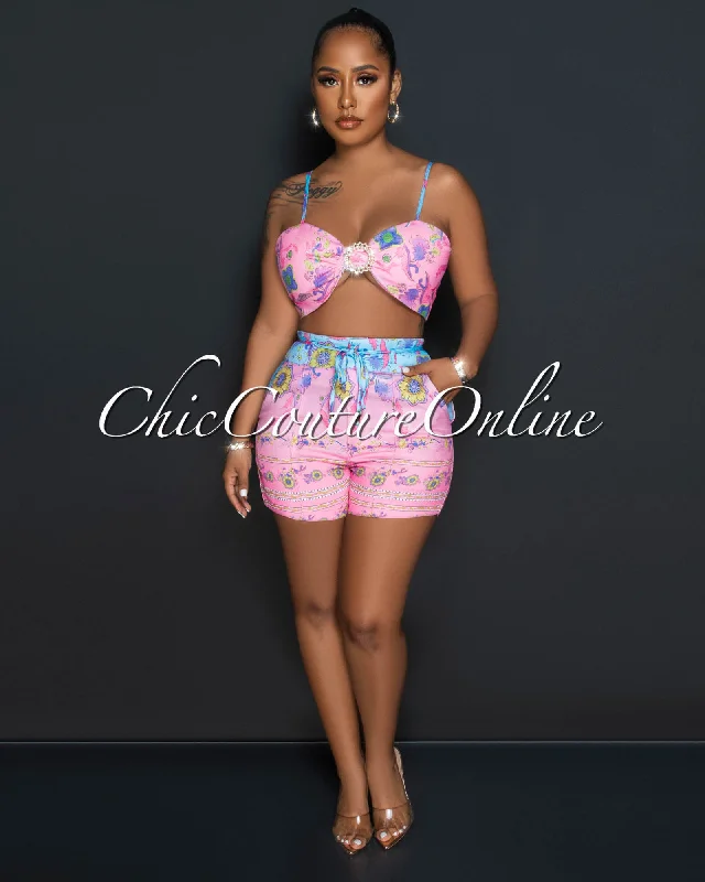 Hamar Pink Multi-Color Print Crop Top & Shorts Set