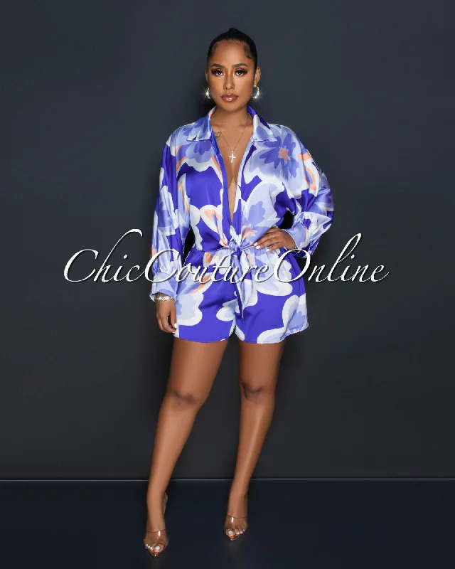 Issay Blue Multi-Color Print Shirt & Mini Shorts Silky Set