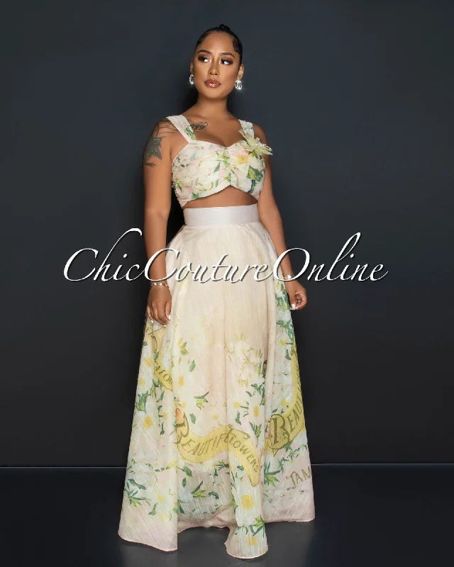 Lonnie Beige Floral Print Crop Top & Maxi Skirt Set