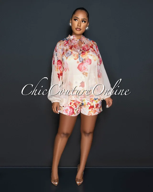 Nadira Salmon Print Sheer Shirt & Belted Mini Shorts Set